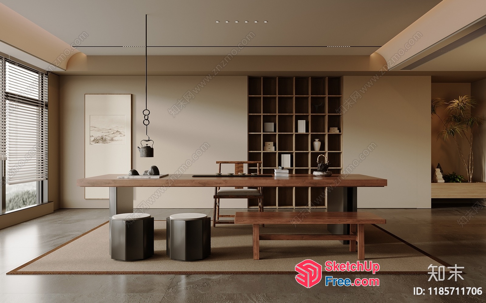Modern Japanese-Style Dining Room With Teak Wood And Minimalist Decor 3D SketchUp File