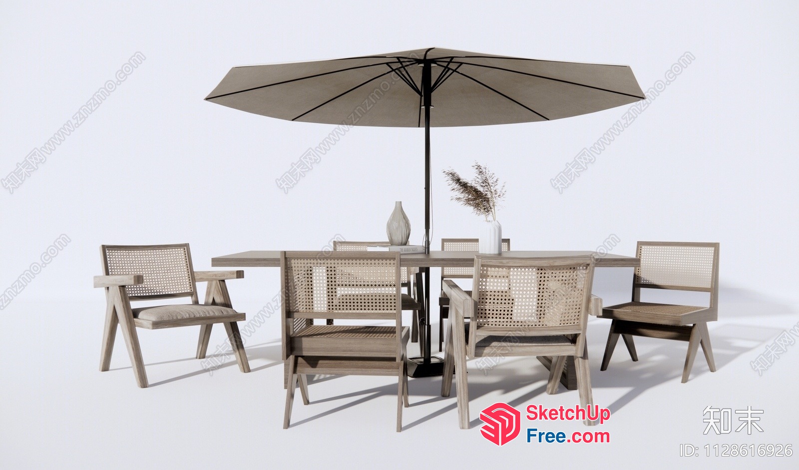 Modern Outdoor Patio Dining Set With Umbrella And Vase 3D SketchUp File