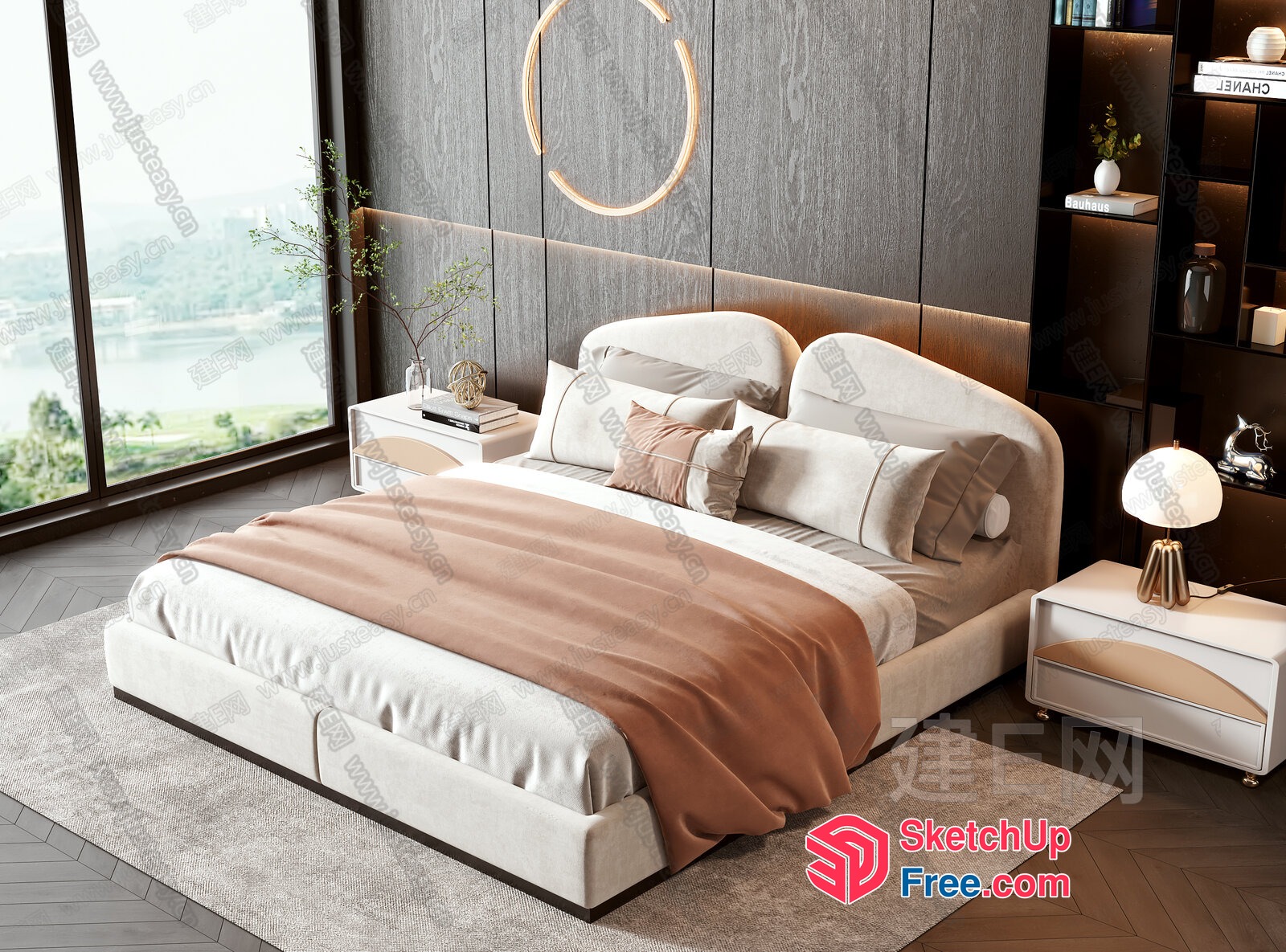 Modern Bed With Creamy Style Pillows And Pink Blanket 3D SketchUp File