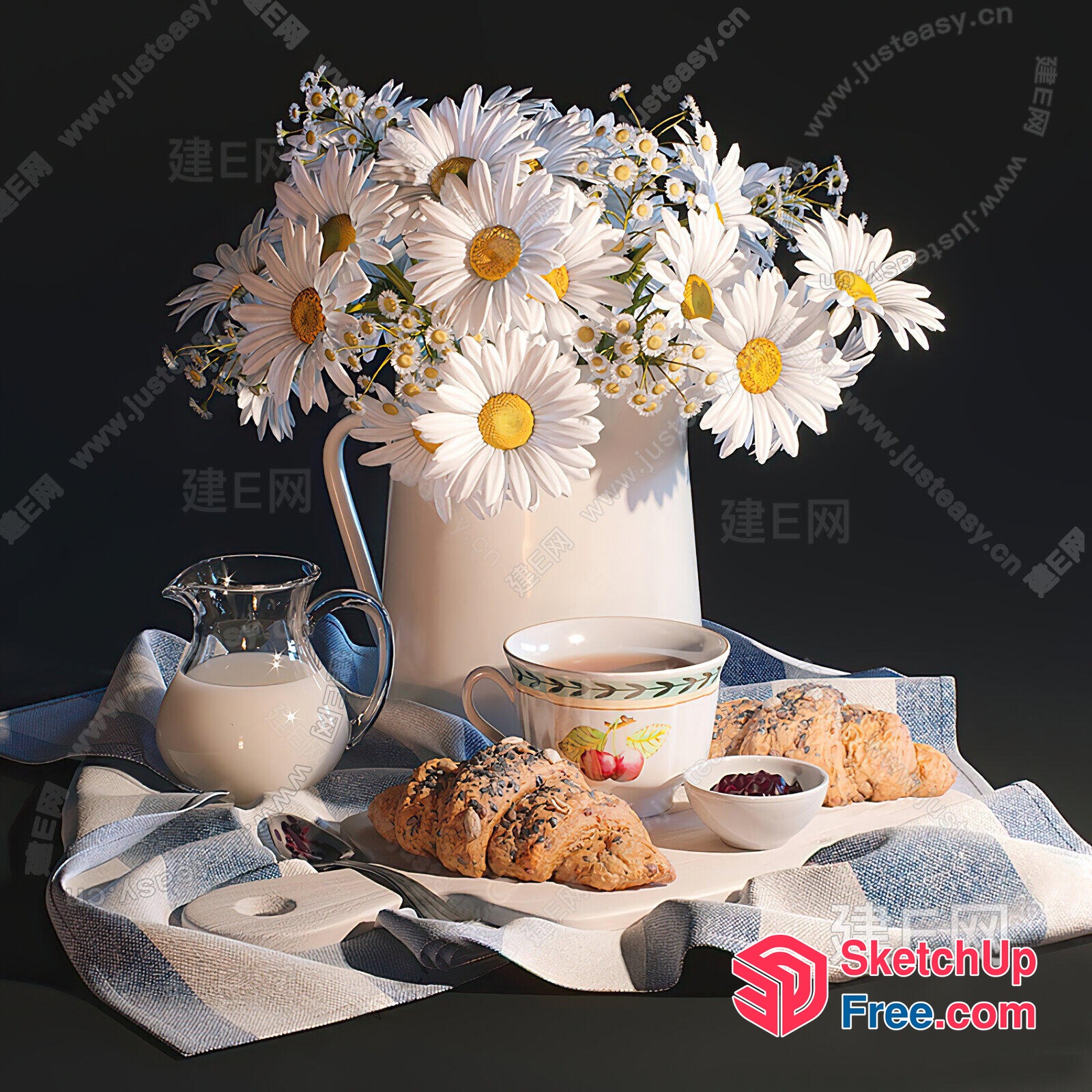 A Delightful Breakfast Setting With Flowers And Pastries 3D SketchUp File