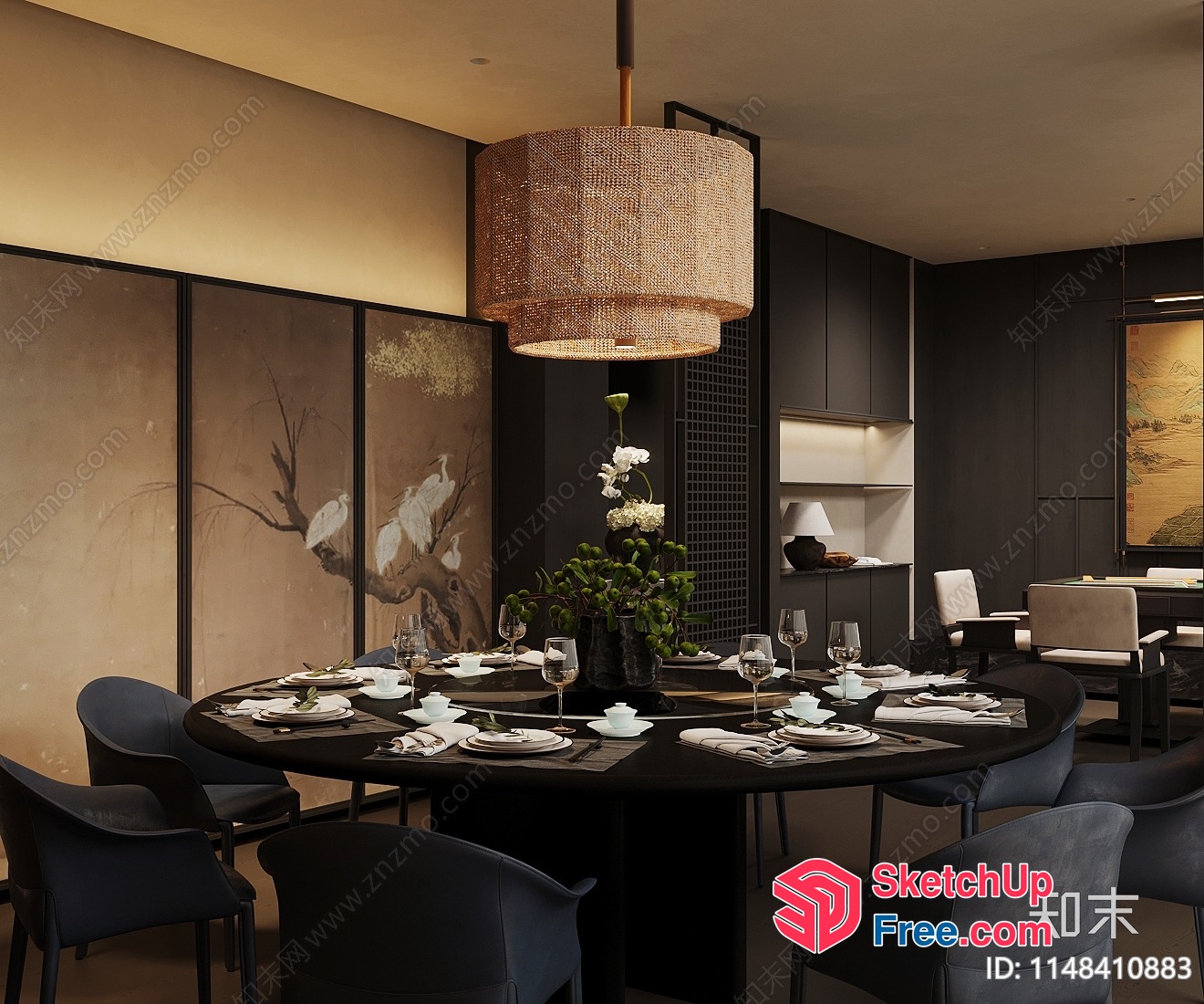 Asian-Inspired Dining Room With Elegant Table Setting 3D SketchUp File