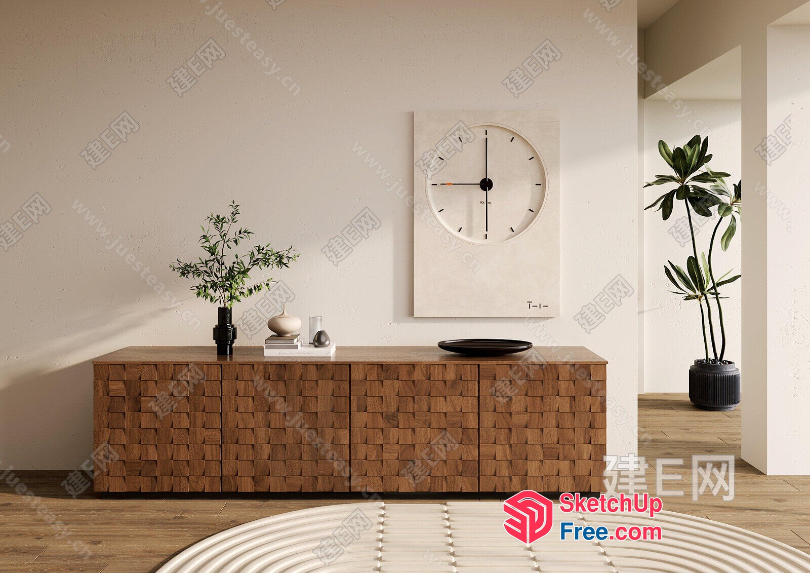 Minimalist Modern Interior With Woven Wood Cabinet And Clock 3D SketchUp File