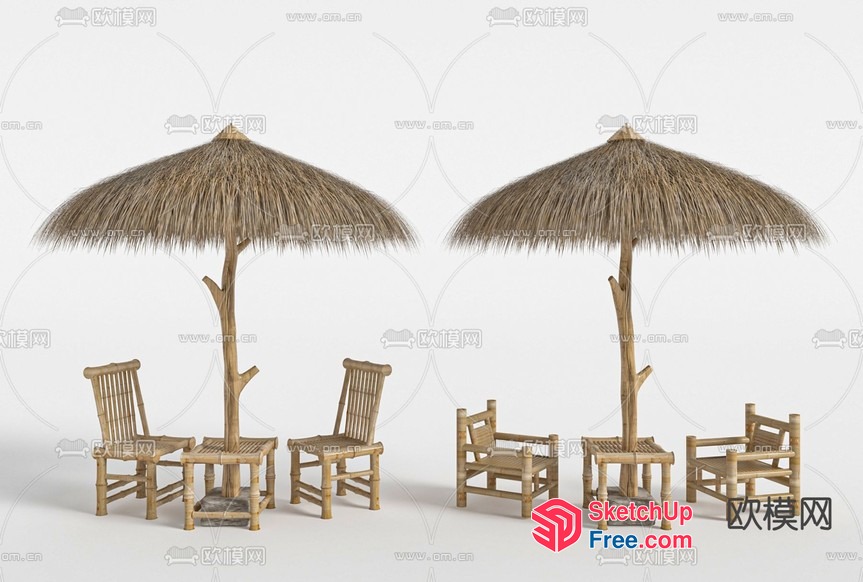 Two Thatched Umbrella Tables And Chairs 3D SketchUp File