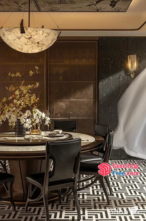 Elegant Dining Room With Classic Moulding And Geometric Patterned Flooring 3D SketchUp File