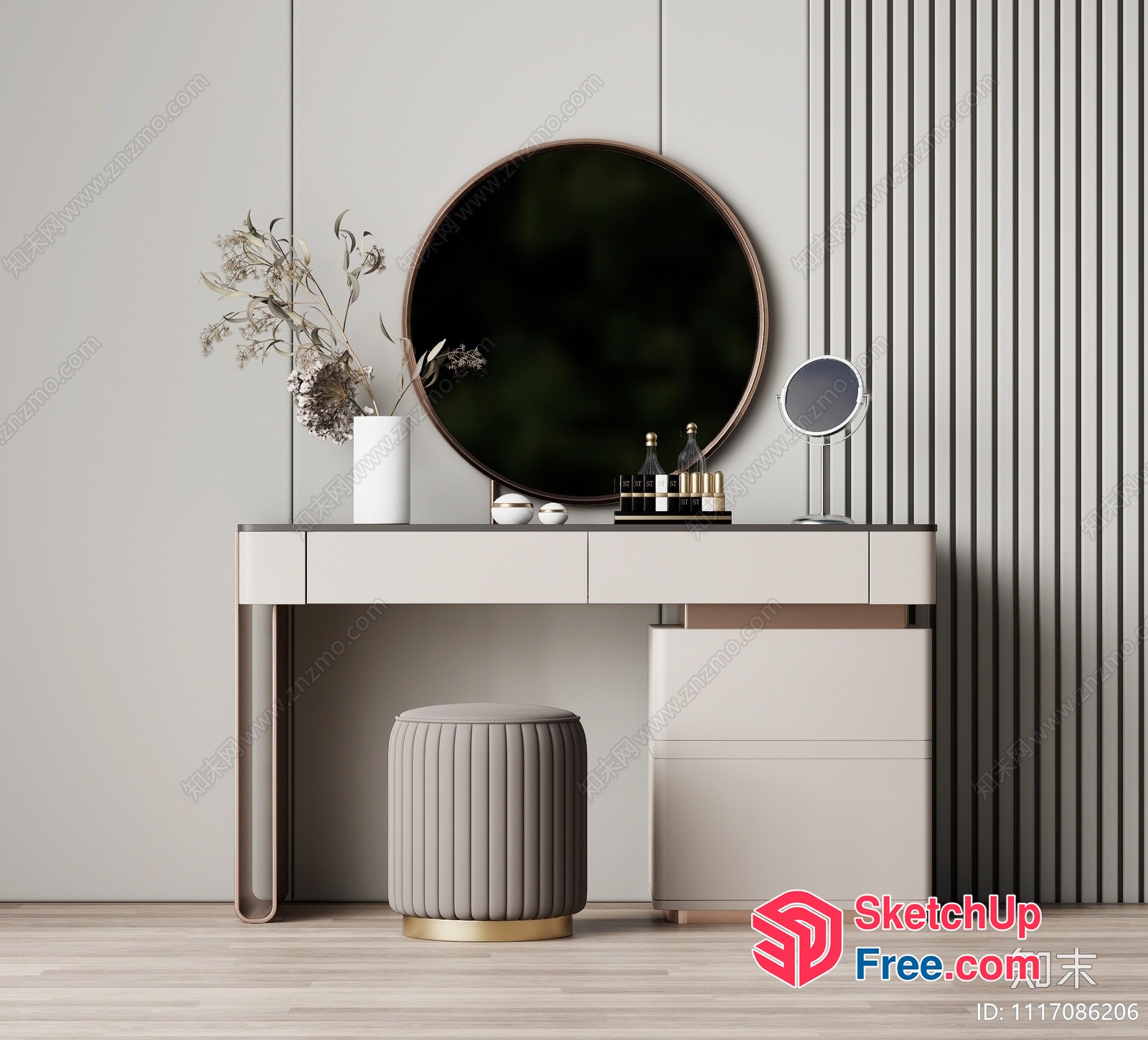 Elegant Creamy Style Dressing Table With Round Mirror 3D SketchUp File