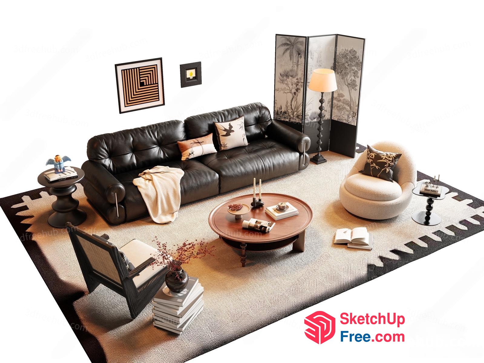 Elegant Living Room With Leather Sofa And Wood Coffee Table 3D SketchUp File