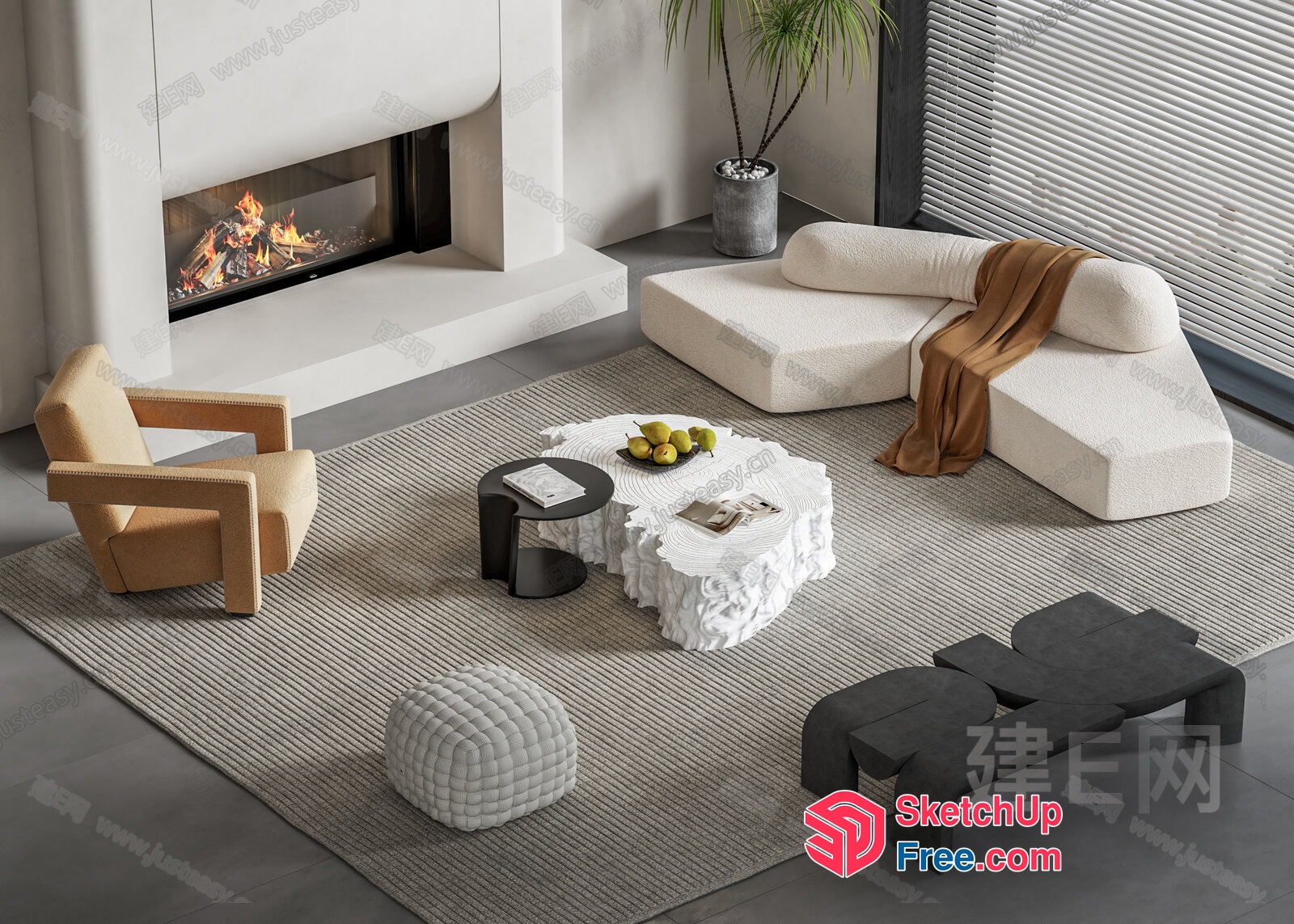Modern Living Room With Fireplace And Beige Rug 3D SketchUp File