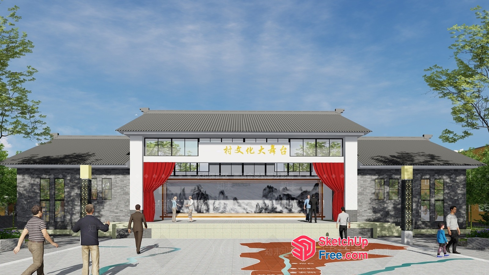 Asian Style Building With Stage And Red Curtains 3D SketchUp File