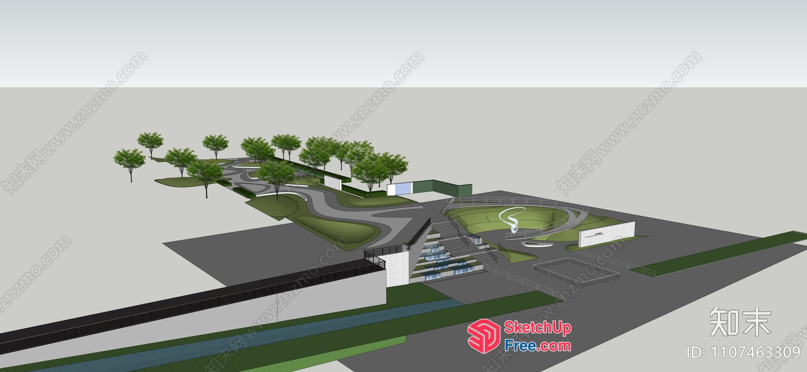 Modern Commercial Street With Greenery And Water Features 3D SketchUp File