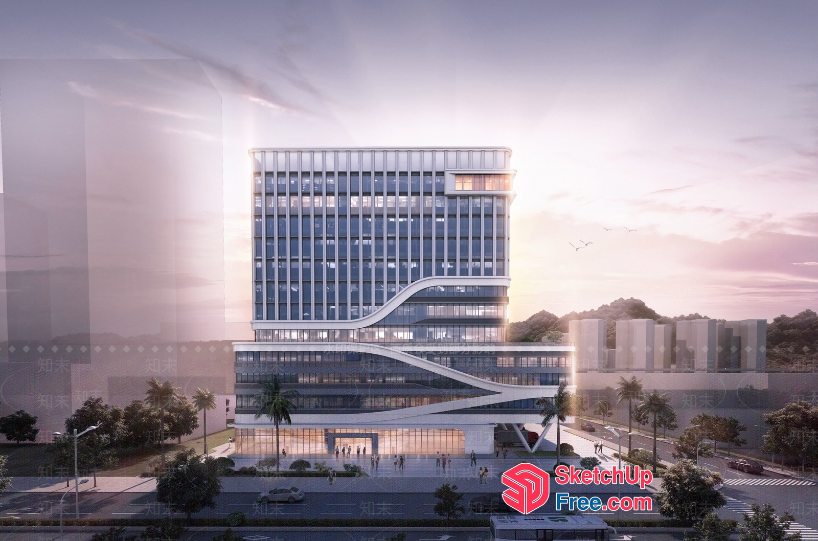 Futuristic Glass Curtain Wall Office Building 3D SketchUp File