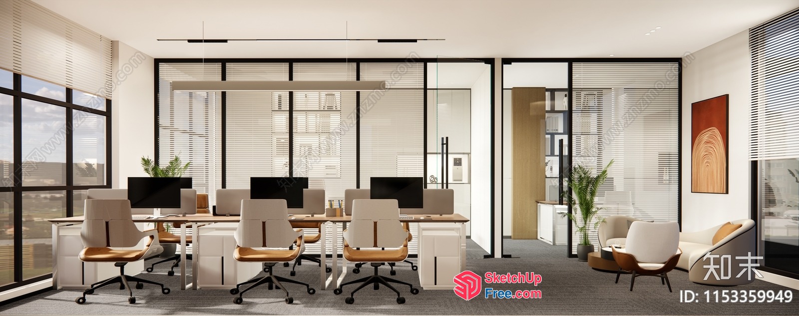 Modern Minimalist Office Space With Glass Curtain Wall 3D SketchUp File