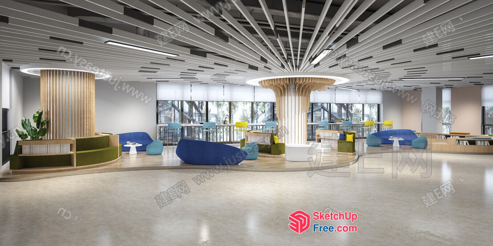 Modern Open-Plan Office Space With Natural Light 3D SketchUp File