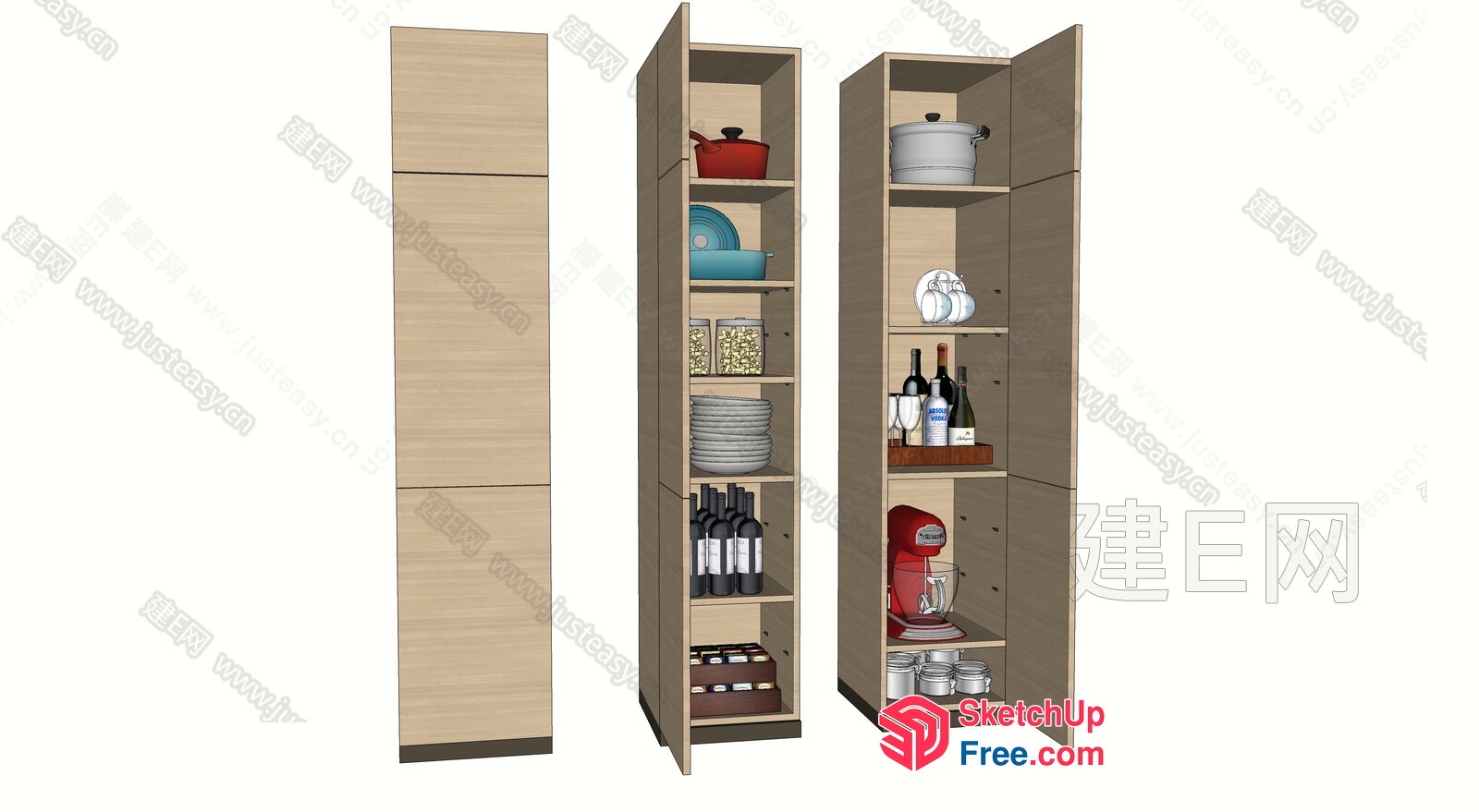 Tall Wooden Shelving Unit With Various Kitchen Items 3D SketchUp File