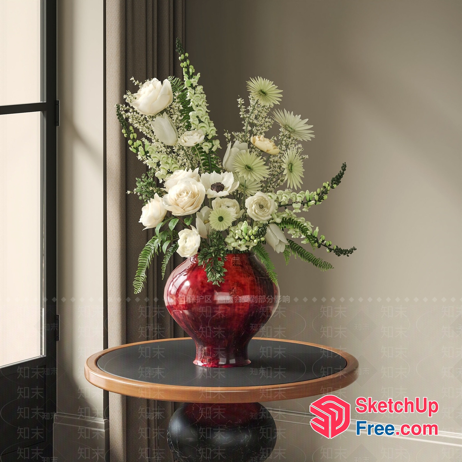 Elegant White And Red Flower Arrangement In A Red Vase 3D SketchUp File