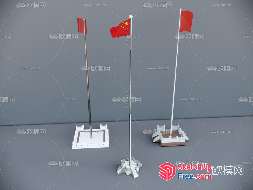 Chinese Flag Poles In A Row 3D SketchUp File