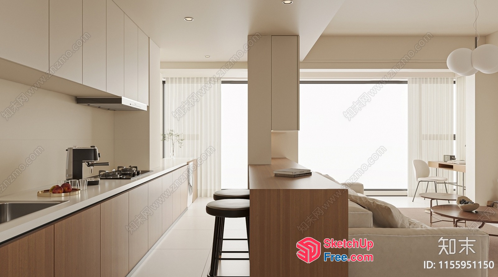 Modern Minimalist Living Room And Kitchen 3D SketchUp File