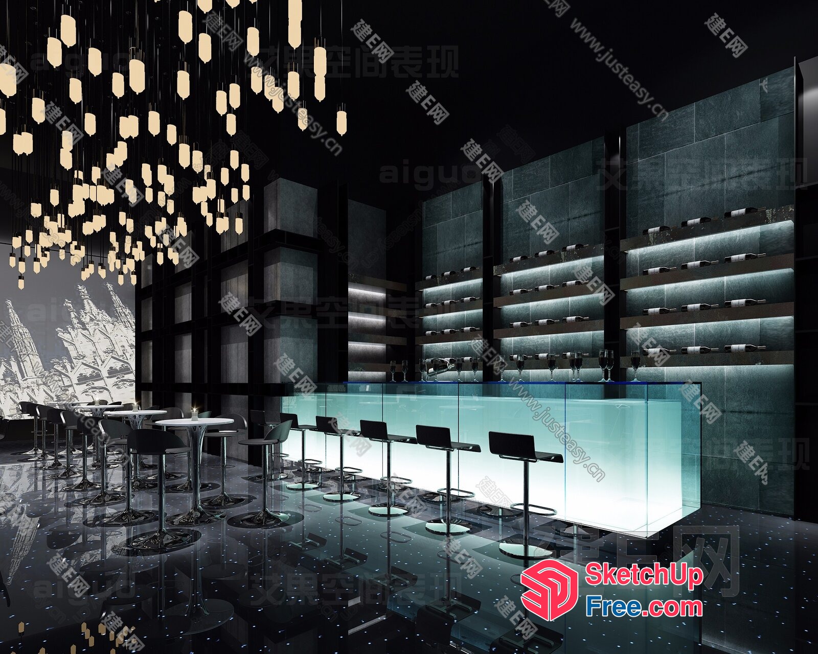 Modern Glass Bar Counter With Sleek Stools And Chandelier 3D SketchUp File