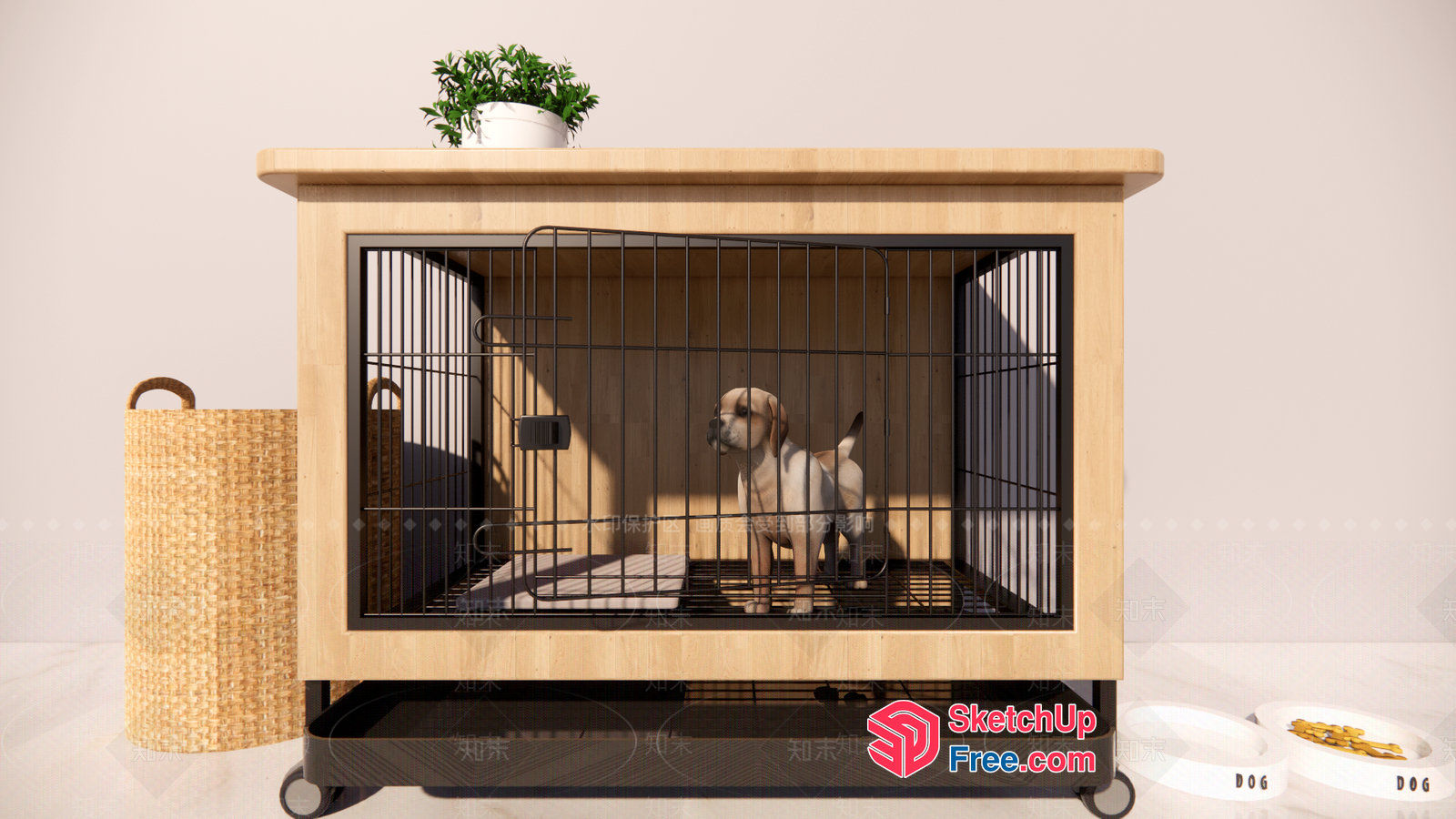 Wooden Dog Crate With Black Metal Bars 3D SketchUp File