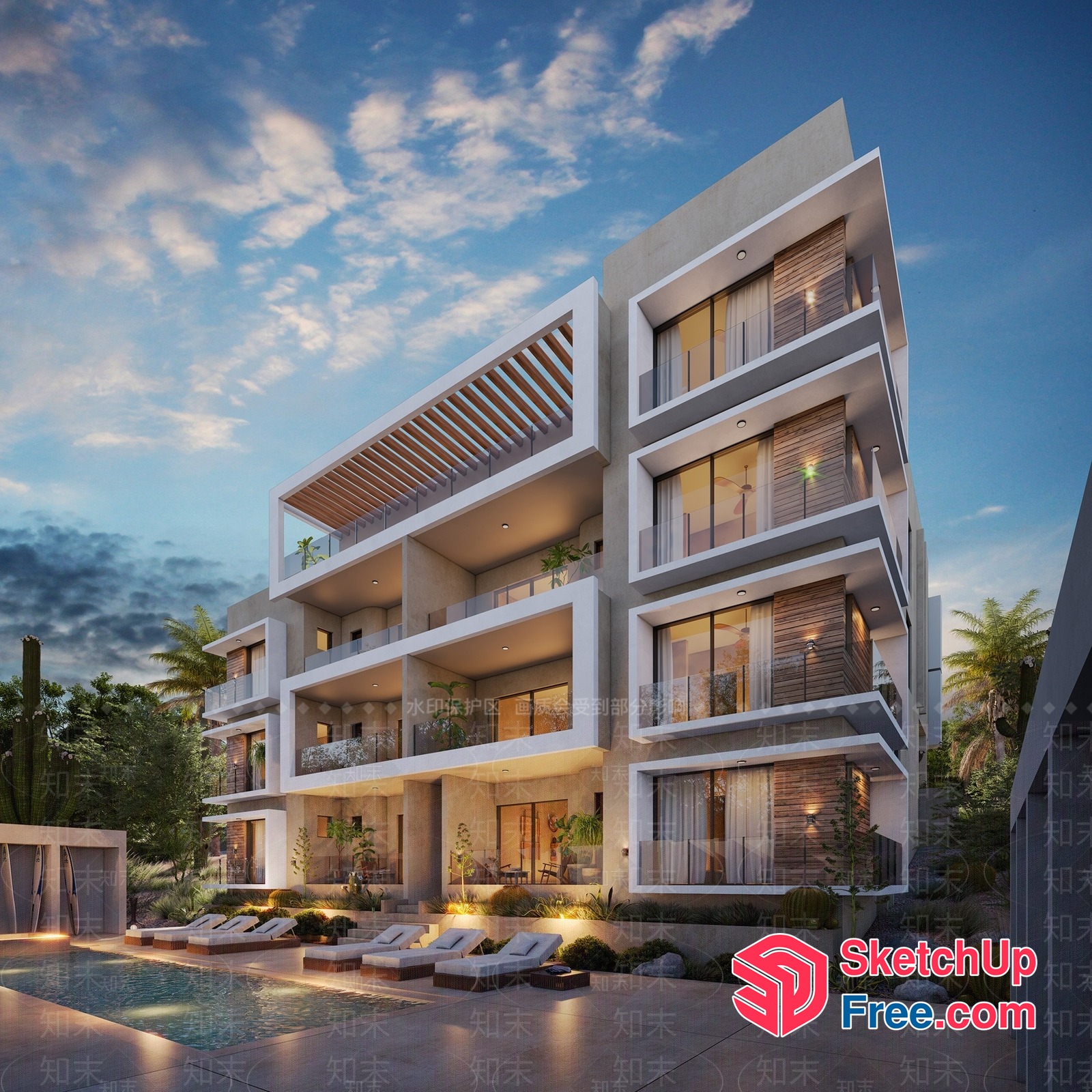 Modern Apartment Building With Balconies And Pool 3D SketchUp File
