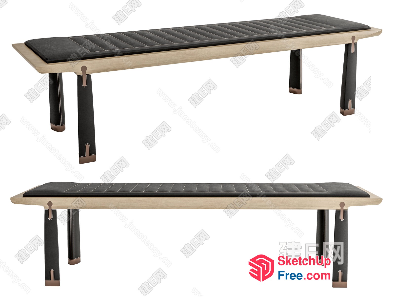 Long Bench With Cushioned Seat And Metal Legs 3D SketchUp File