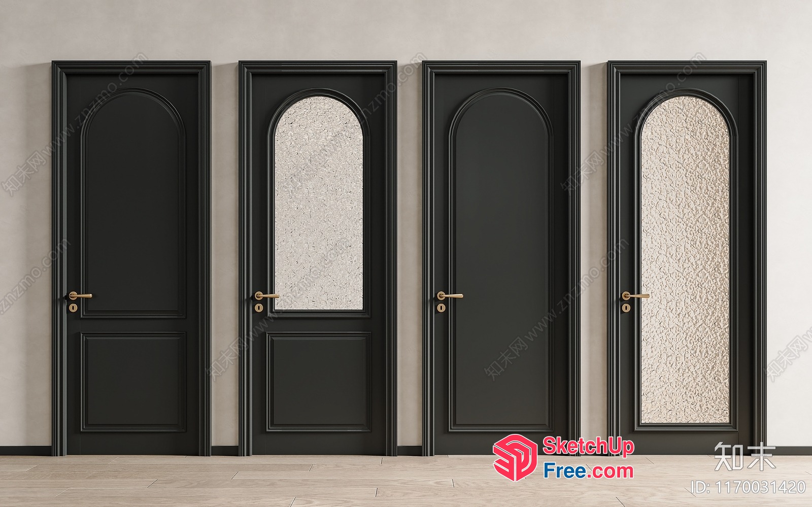 Elegant Black Doors With Gold Hardware And Textured Glass Panels 3D SketchUp File