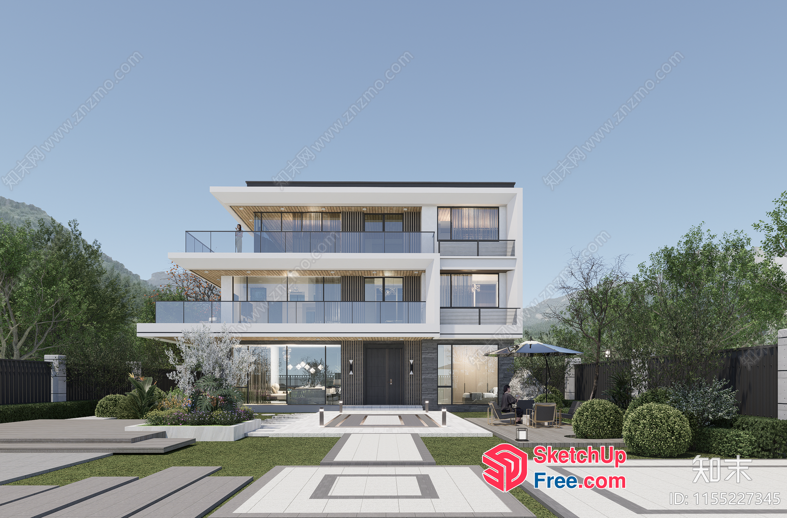 Modern Luxury Villa With Glass Curtain Wall And Railing 3D SketchUp File