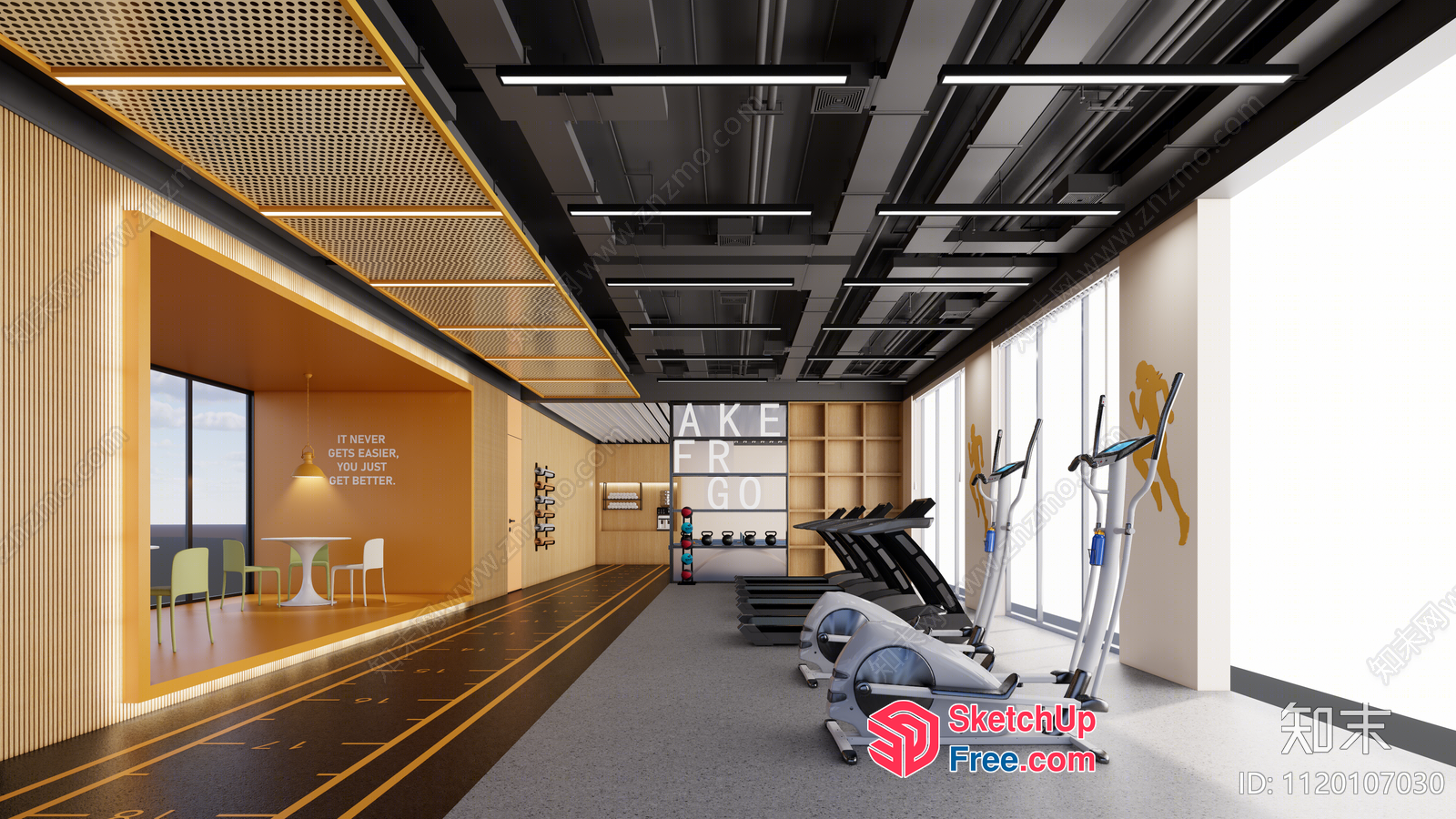 Modern Gym Interior With Inspirational Quote And Fitness Equipment 3D SketchUp File