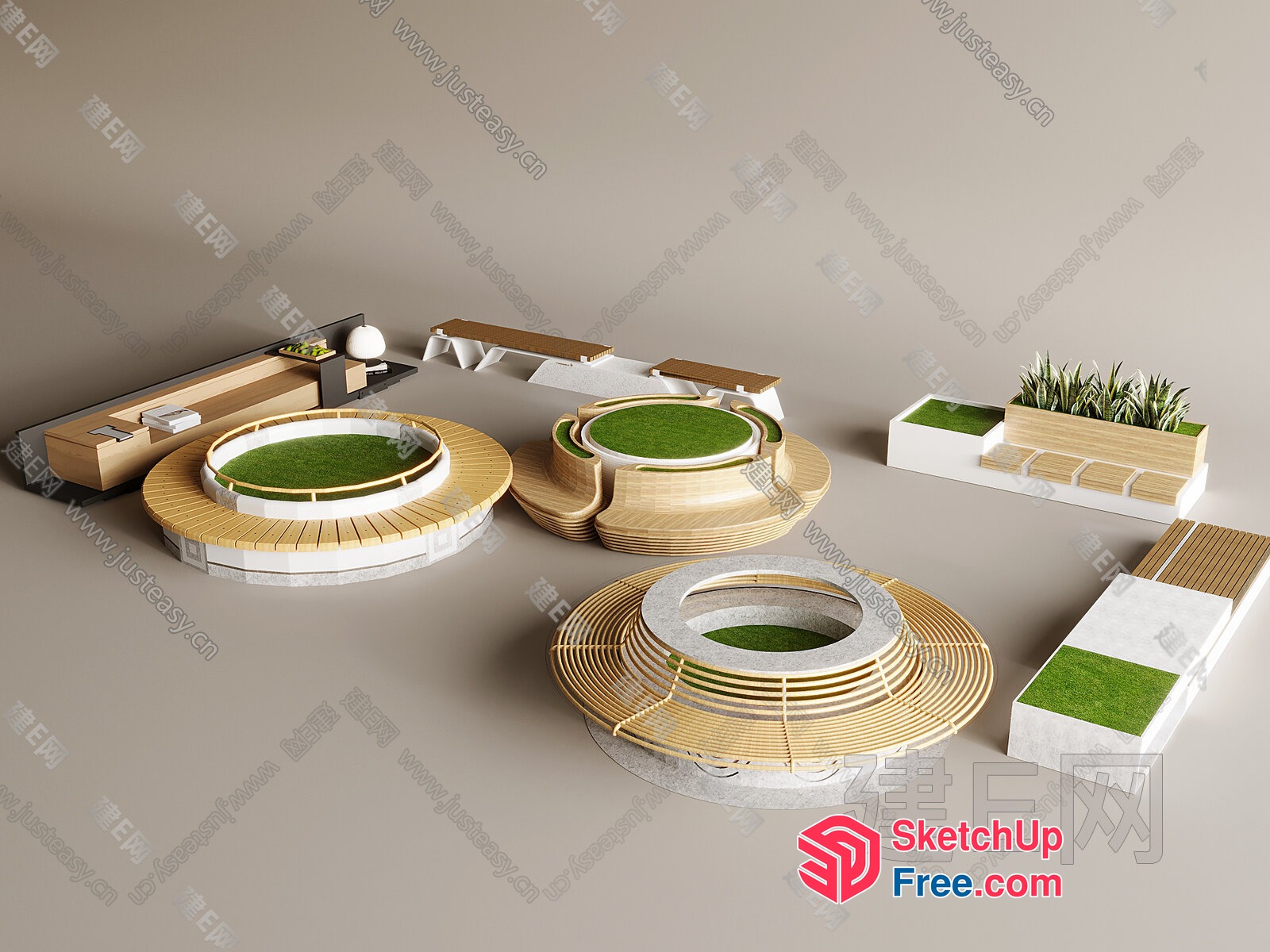 Modern Japanese-Inspired Round Wooden And Green Space 3D SketchUp File