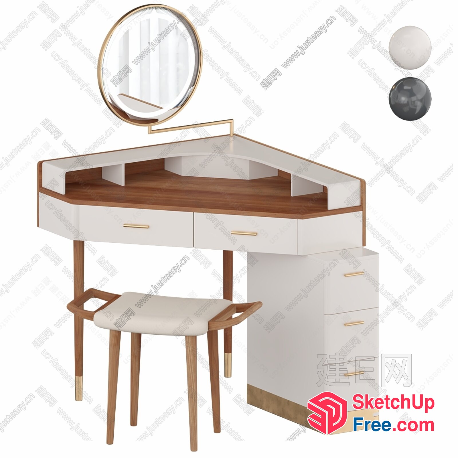 Modern White And Brown Dressing Table With Stool 3D SketchUp File