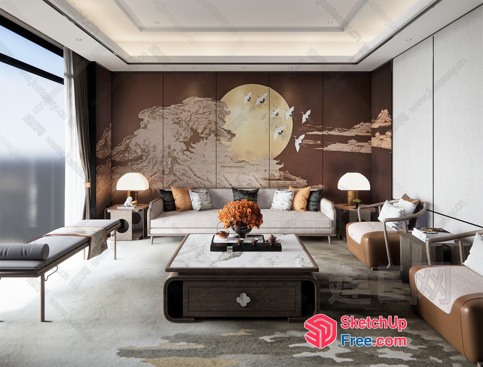 Asian-Inspired Living Room With Moon And Bird Mural 3D SketchUp File