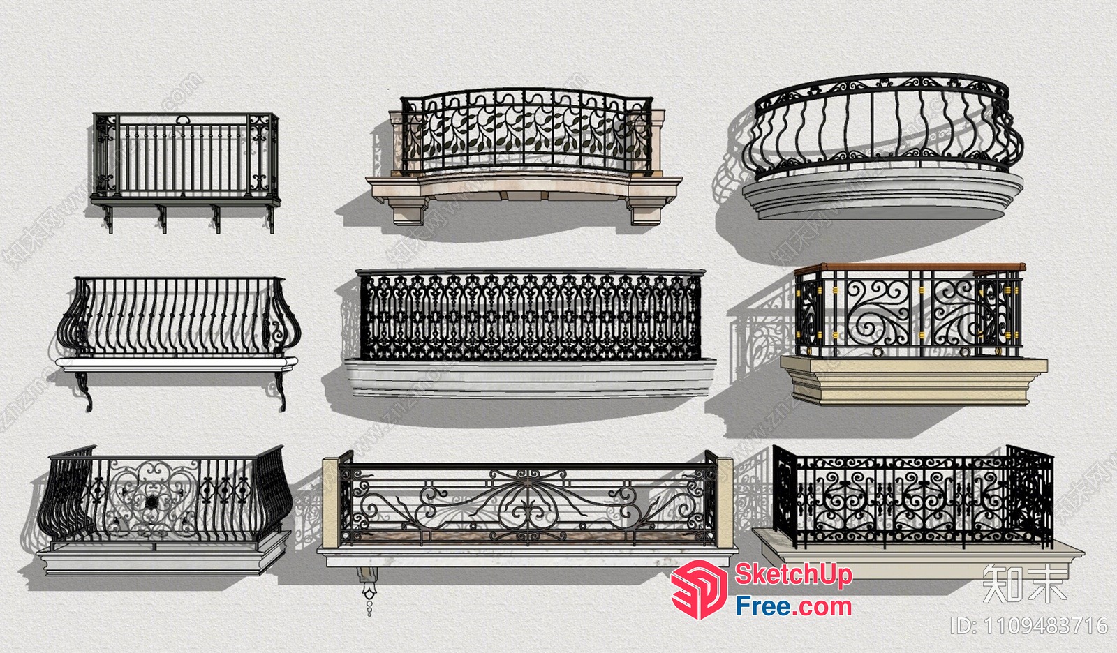 Ornate Black Iron Balcony Railings 3D SketchUp File