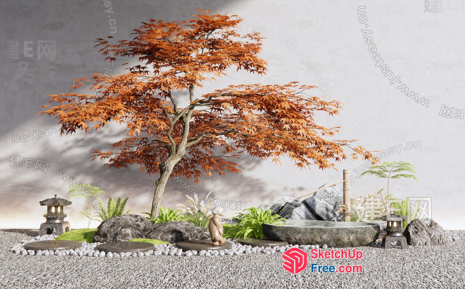 Japanese-Style Garden With Stone And Tree Decorations 3D SketchUp File