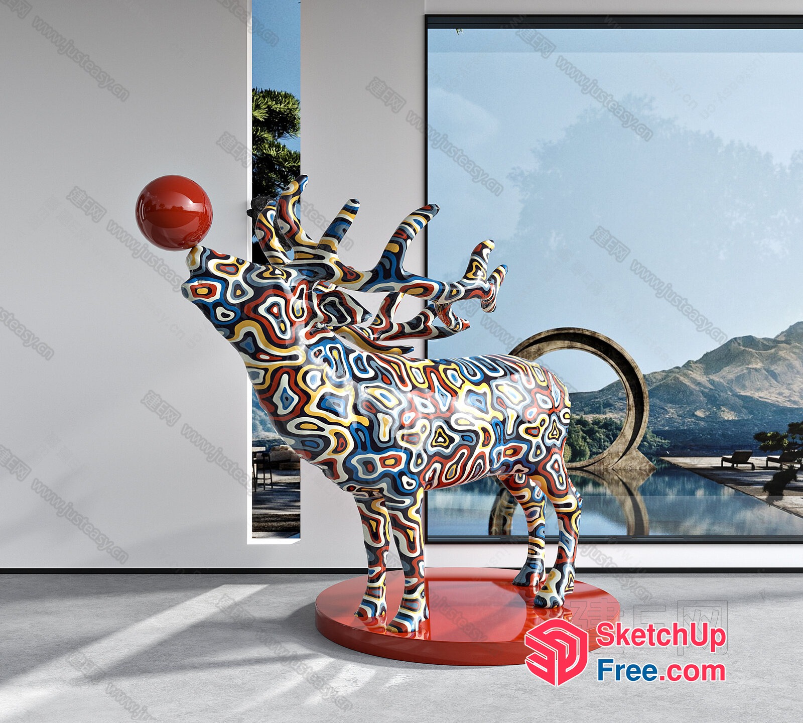 Vibrant Animal Sculpture With Abstract Patterns And Red Ball 3D SketchUp File