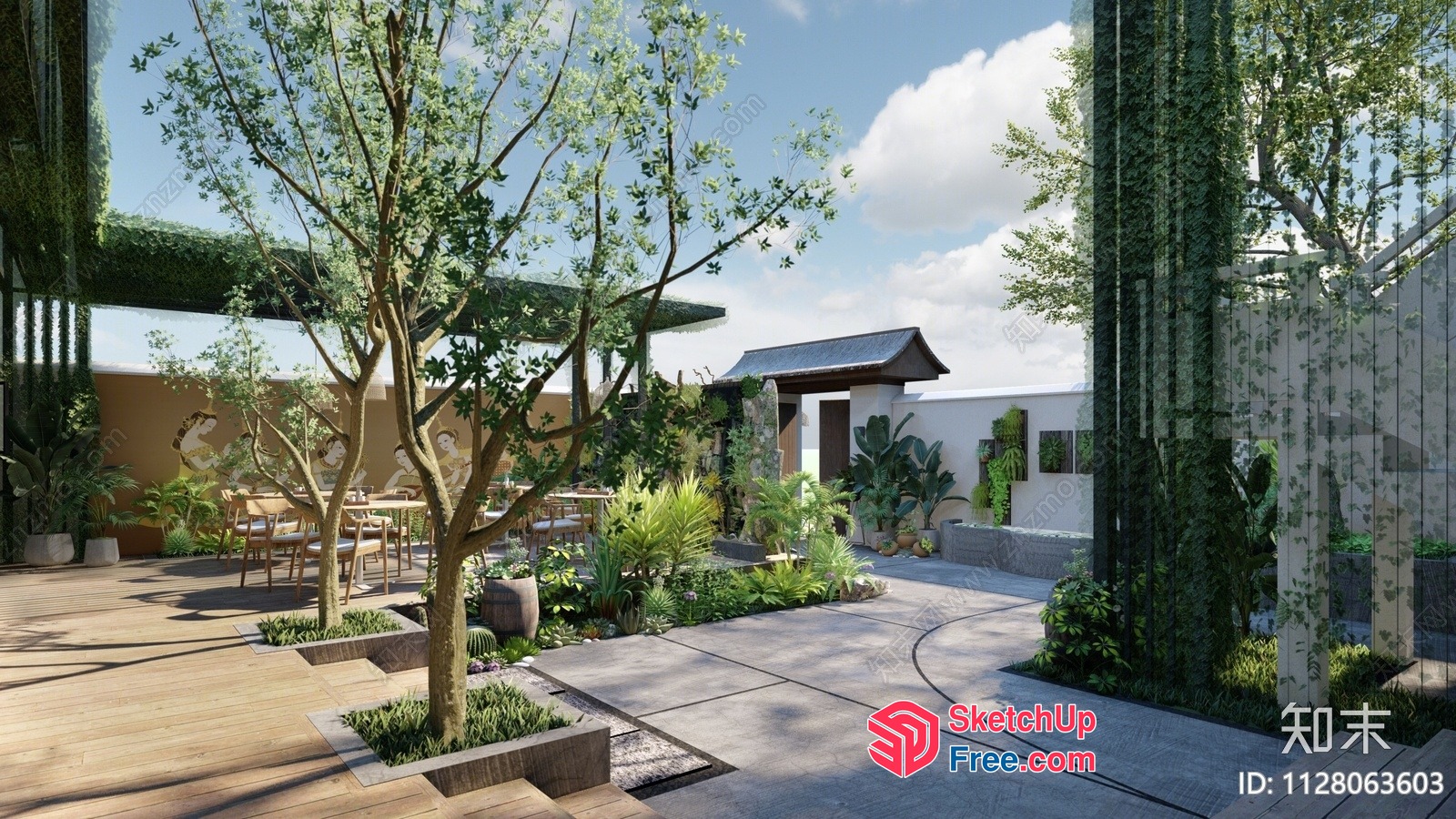 Elegant Outdoor Space With Serene Garden And Comfortable Seating 3D SketchUp File