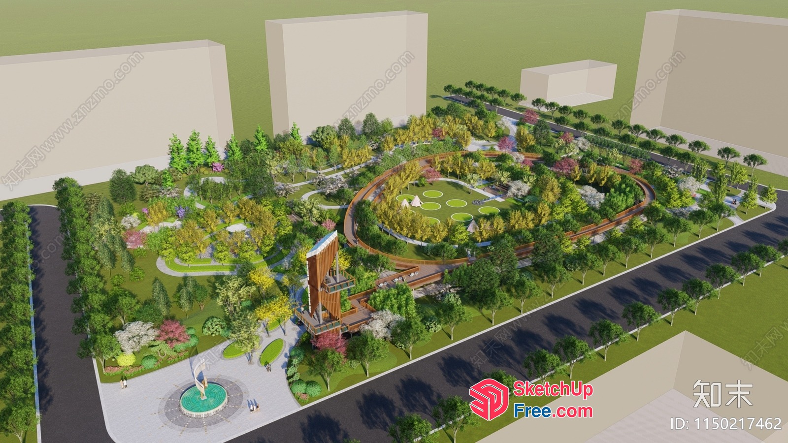 Park With A Central Building And A Road 3D SketchUp File