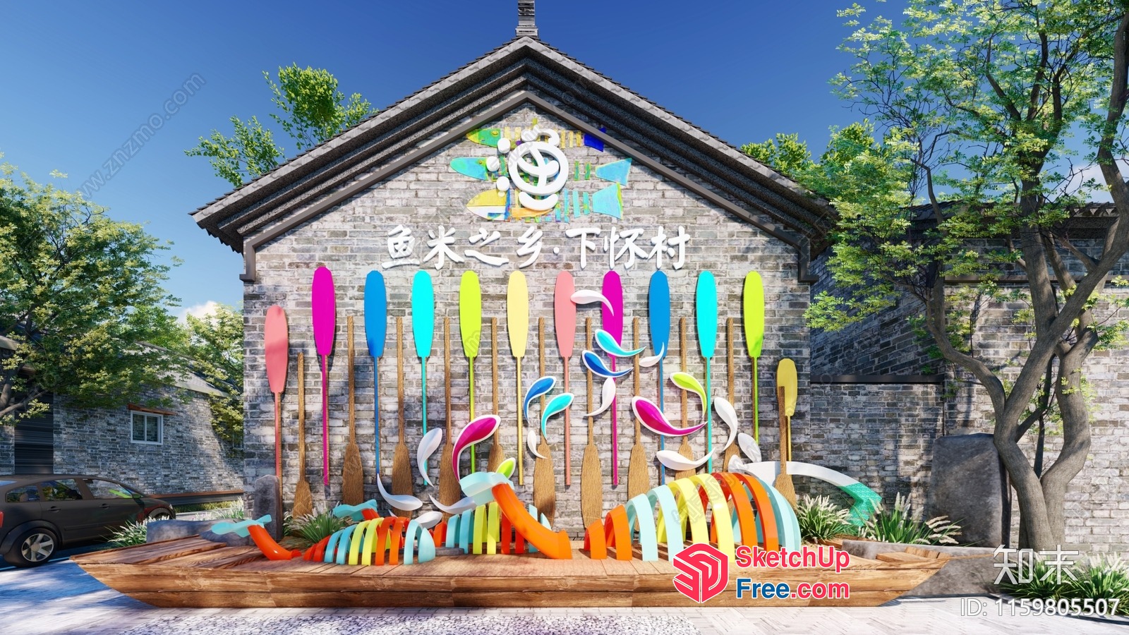 Colorful Oars And Leaves On A Stone Building 3D SketchUp File