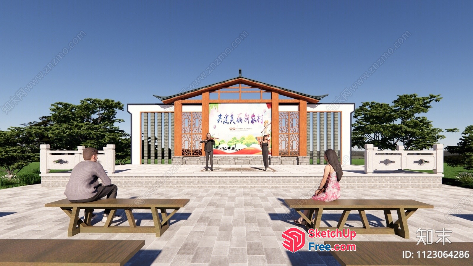 Exterior Stage With Traditional Chinese Decor 3D SketchUp File