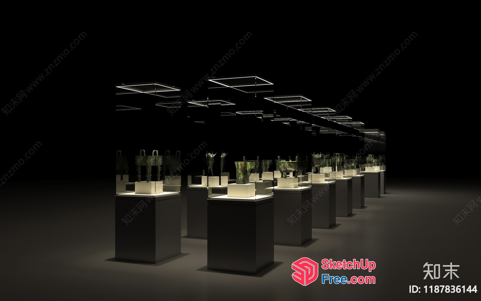 Modern Display Room With Glass Cases And Ceiling Lights 3D SketchUp File