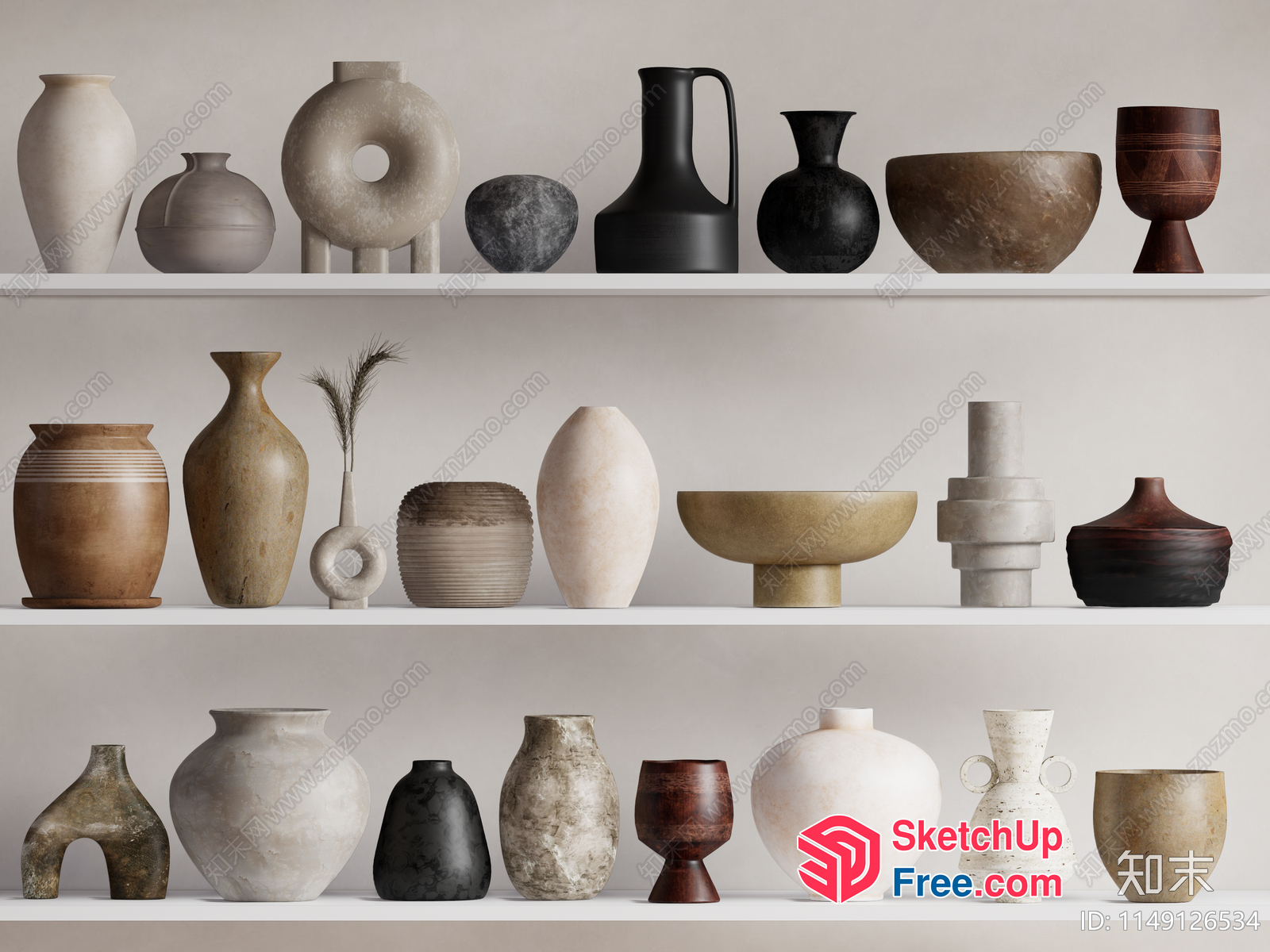 Decorative Vases And Jars On White Shelves 3D SketchUp File