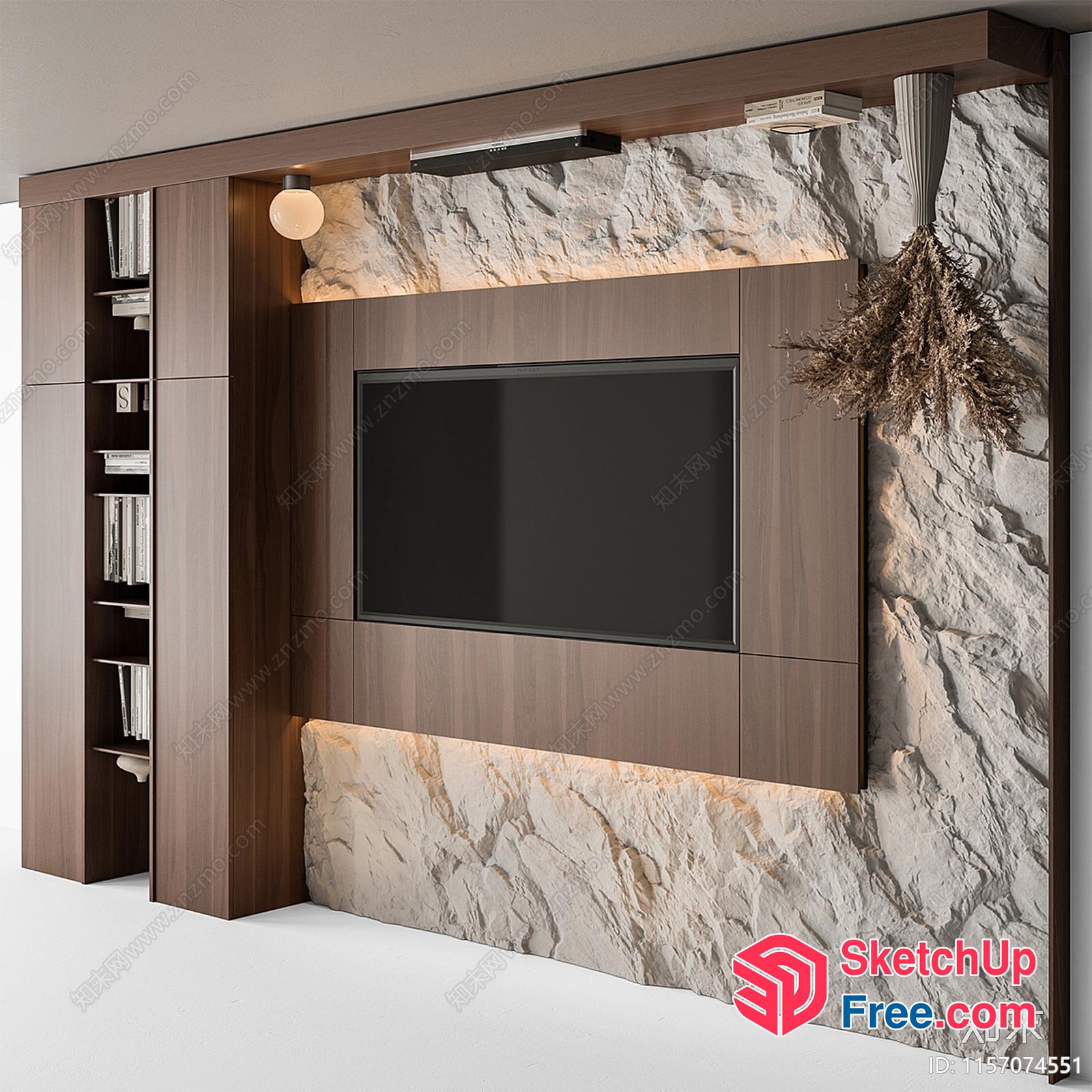 Modern Stone And Wood Tv Wall 3D SketchUp File