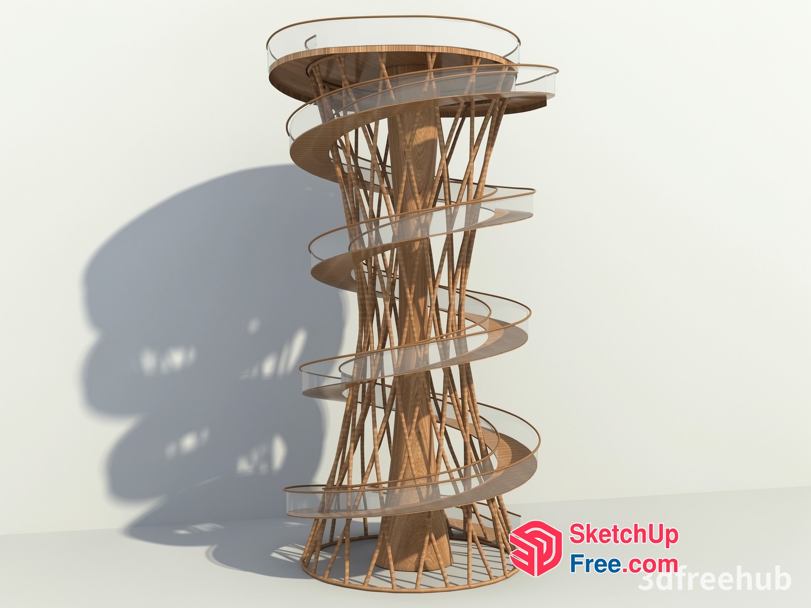 Spiral Wooden Staircase With Glass Railings 3D SketchUp File