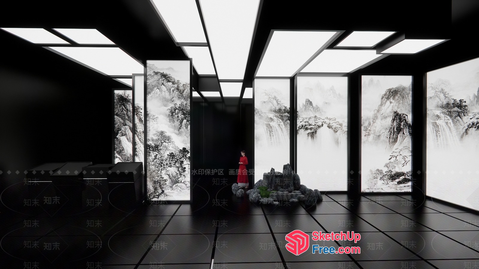 Elegant Chinese-Inspired Room With Black And White Decor 3D SketchUp File