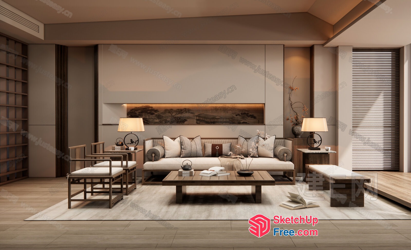 Modern Japanese-Style Living Room With Natural Wood Accents 3D SketchUp File