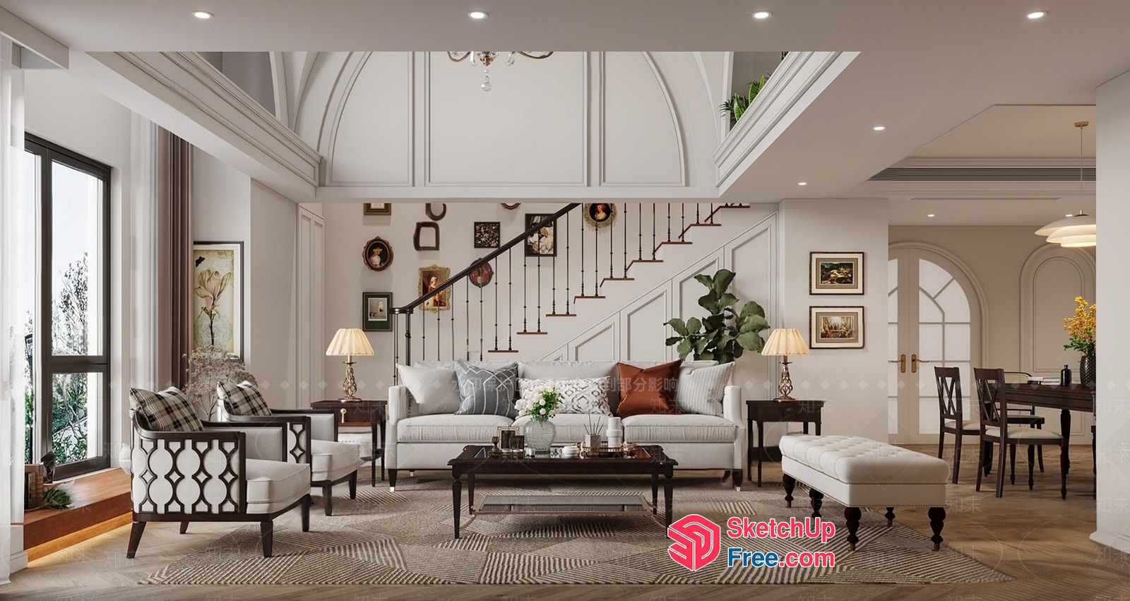 Elegant Living Room With Staircase And Dining Area 3D SketchUp File