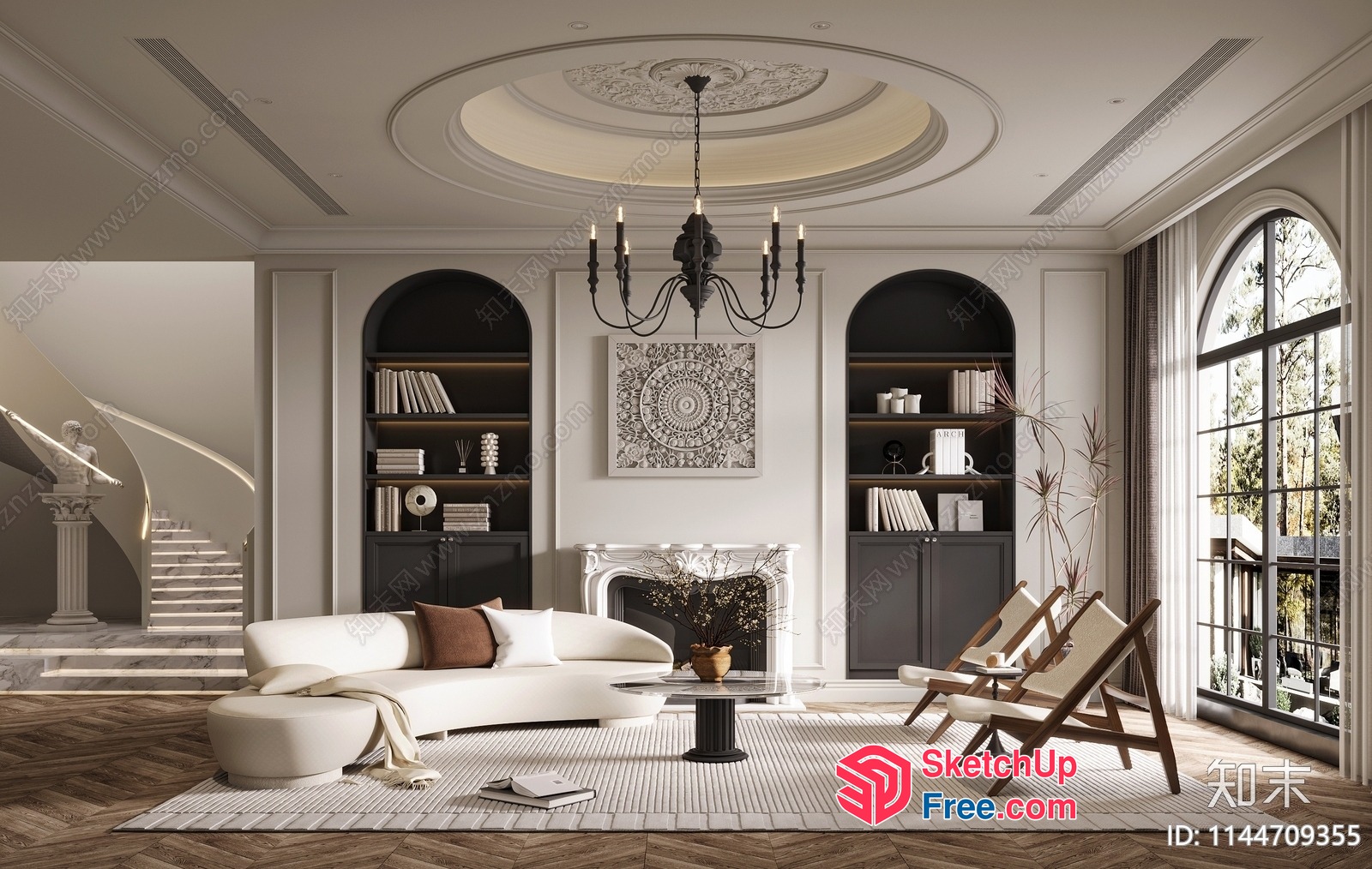 Luxurious Living Room With Staircase And Fireplace 3D SketchUp File
