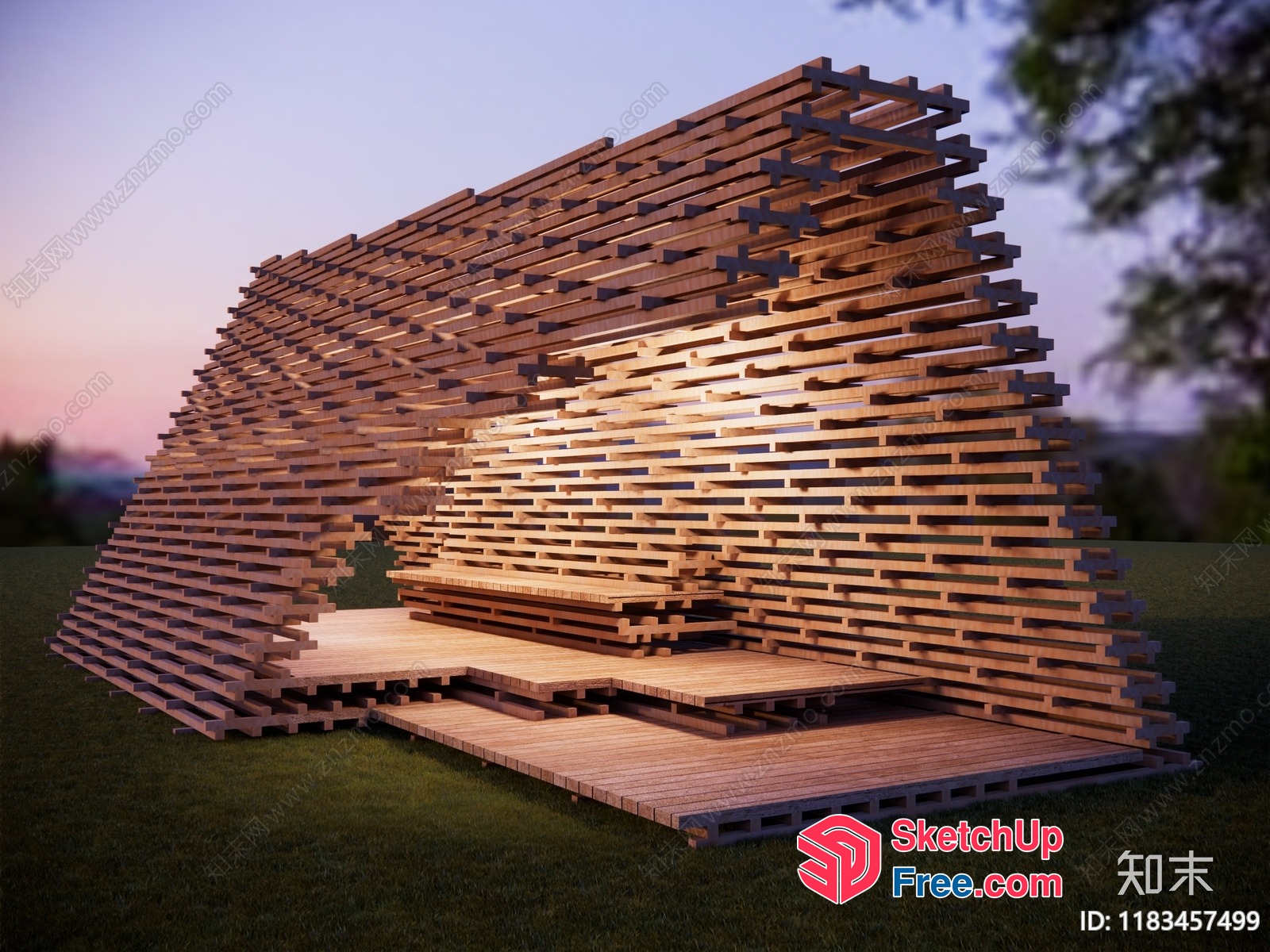 Wooden Outdoor Pavilion With Unique Slatted Design 3D SketchUp File