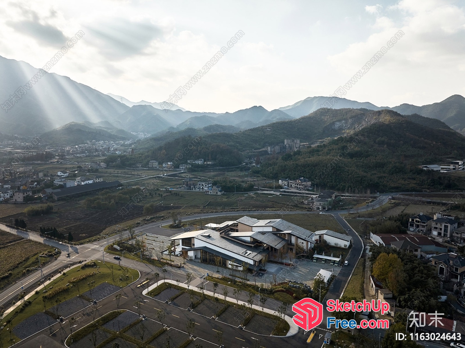 Aerial View Of Modern Building In Mountainous Region 3D SketchUp File