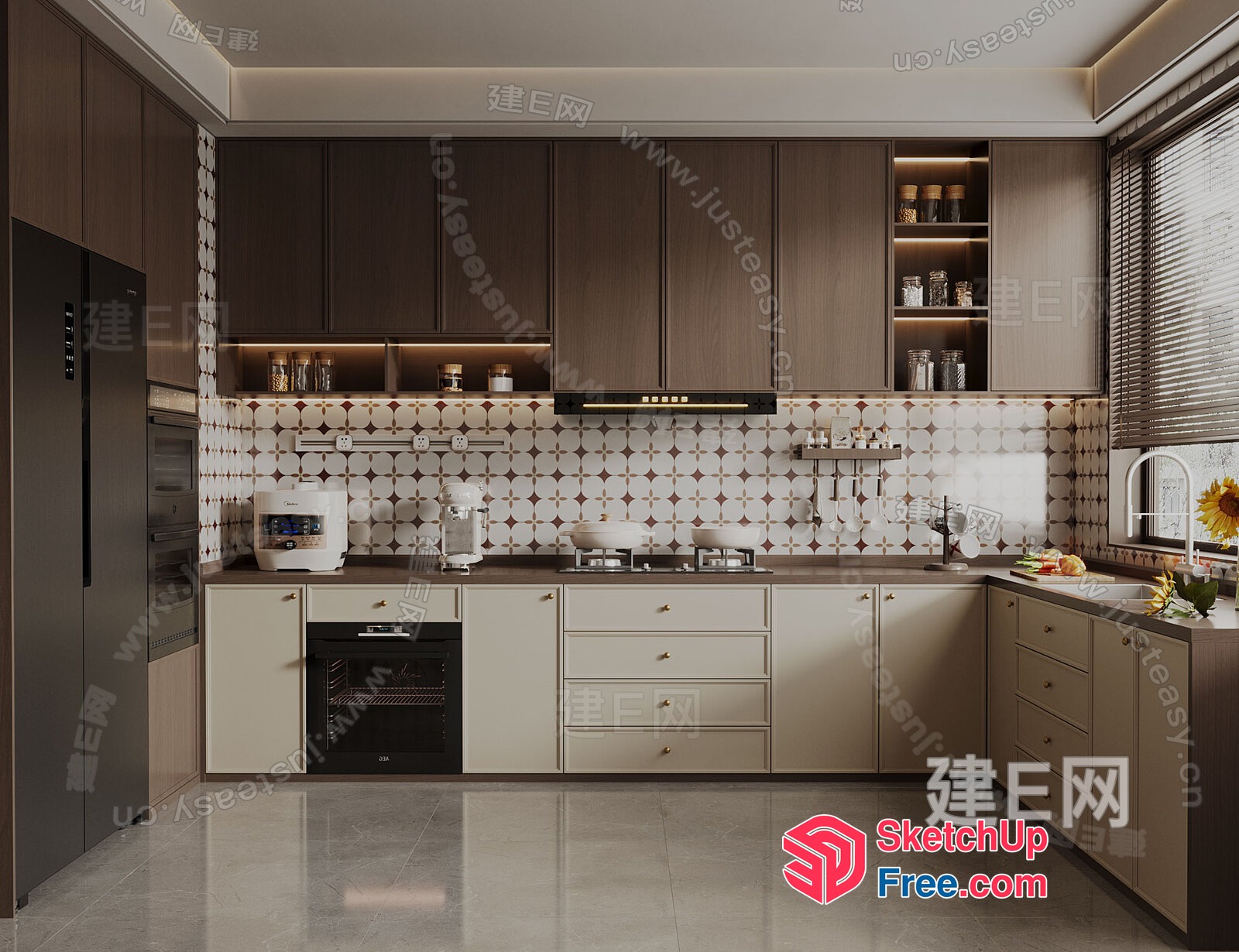 Modern Kitchen With White And Brown Tiles 3D SketchUp File