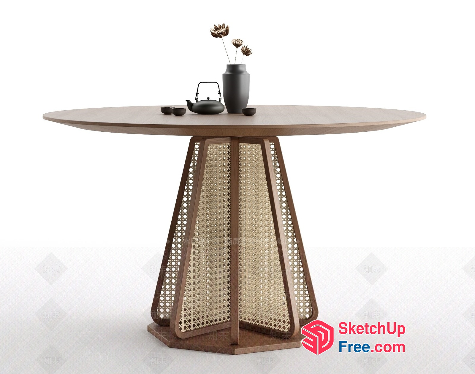 Round Wooden Table With Rattan Accents And Tea Set 3D SketchUp File