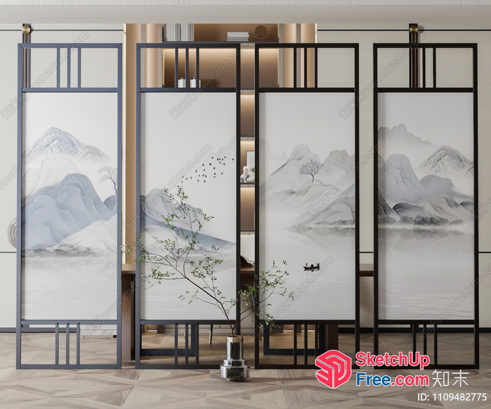 Elegant Partition Screen With Asian-Inspired Mountain And Lake Art 3D SketchUp File